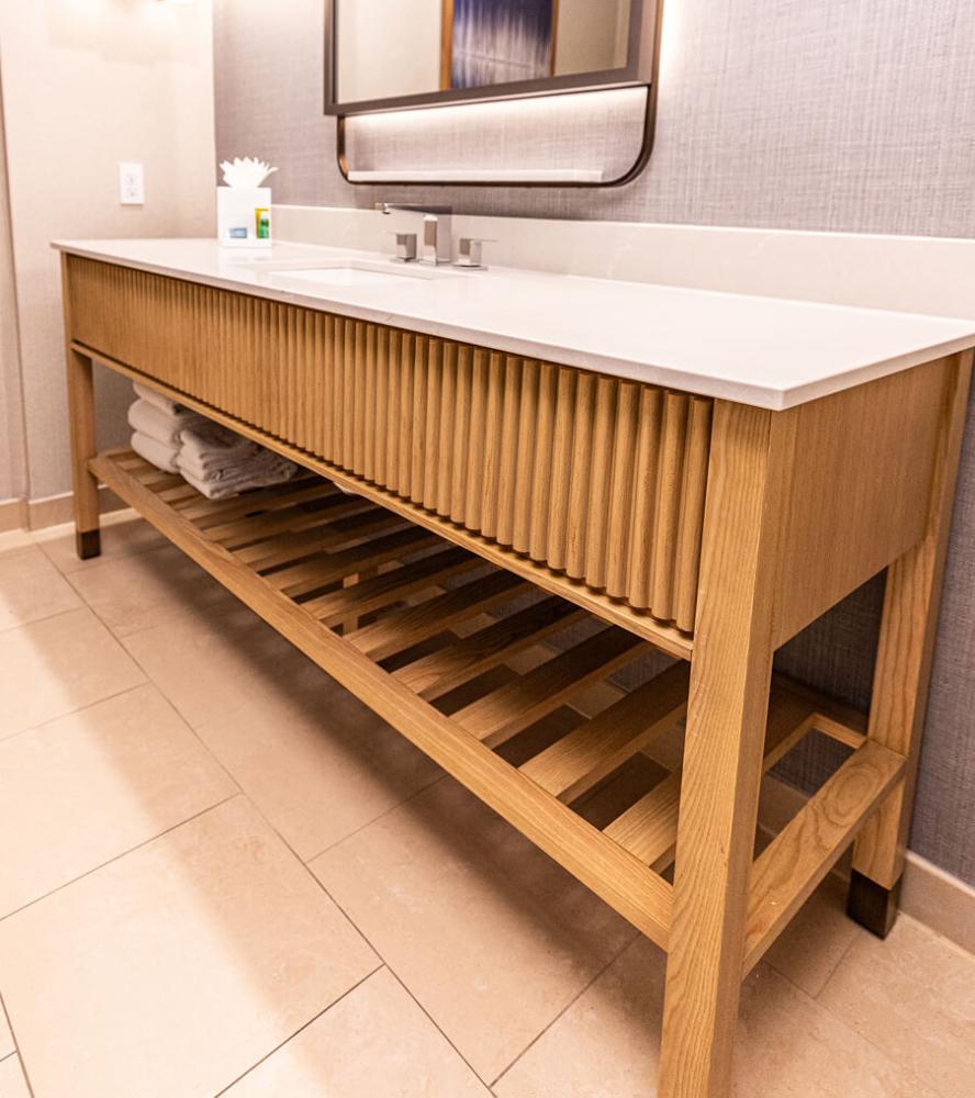 Bathroom vanity in the guest suite bathroom at the Hilton Anatole hotel
