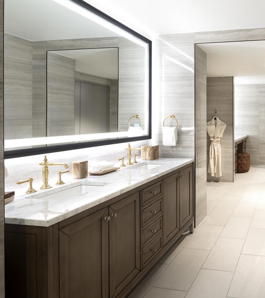 Luxury hotel bathroom with marble countertop and double vanity at Hyatt Regency Hill Country hotel