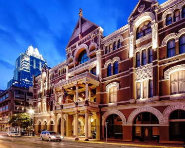The Driskill Hotel from street view at night in Austin, Texas