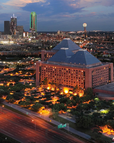 Hilton Anatole hotel from aerial view at night in Dallas, Texas