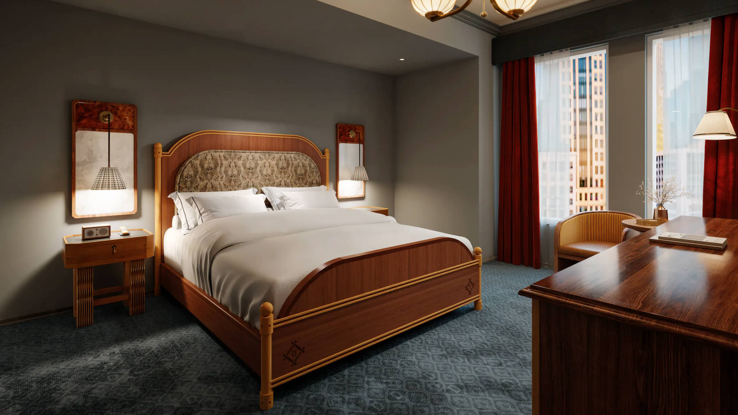 View in to King Bed guestroom with hospitality furniture at the Driskill Hotel
