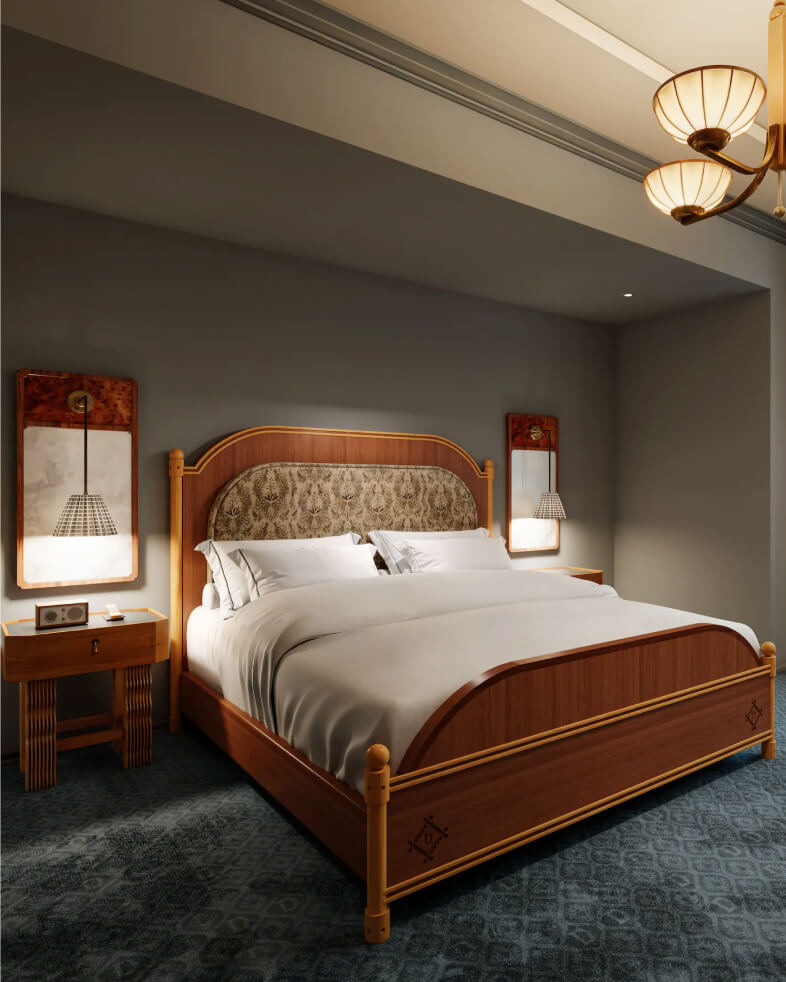 View in to King Bed guestroom with hospitality furniture at the Driskill Hotel