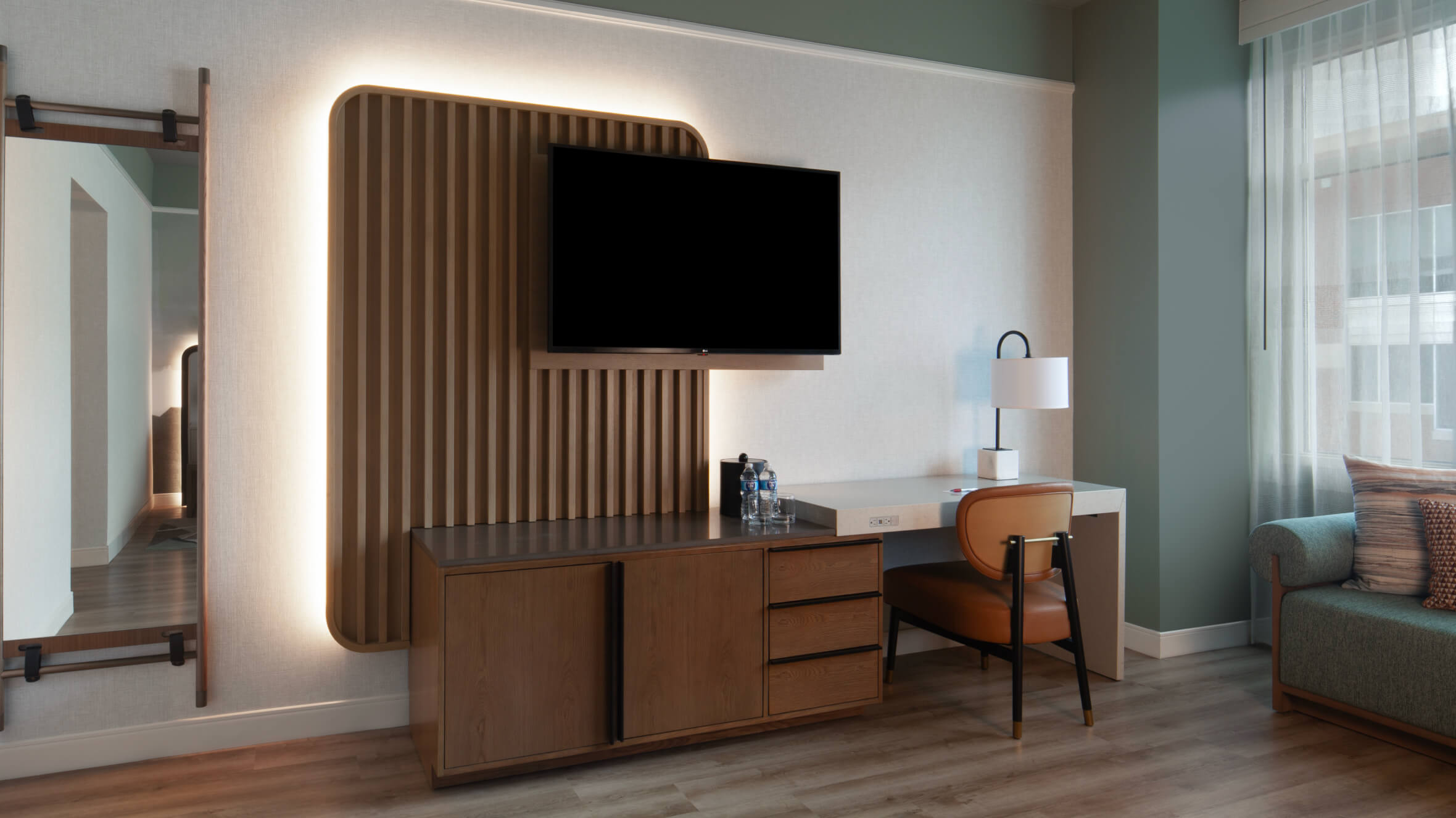 TV Panel and modern desk unit in guestroom renovation at the Marriott Sugarland hotel