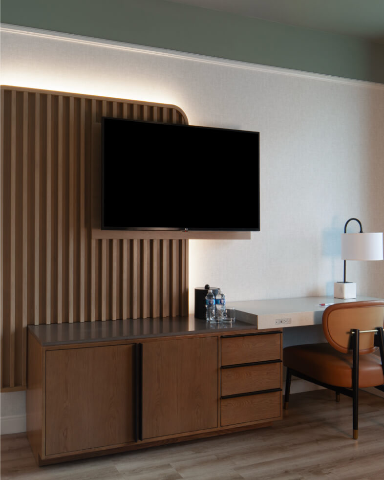 TV Panel and modern desk unit in guestroom renovation at the Marriott Sugarland hotel