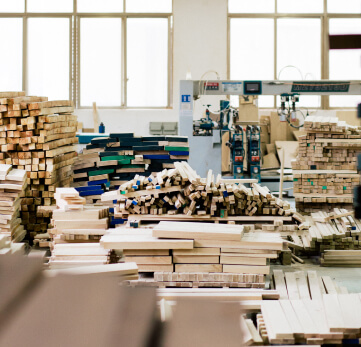 Raw wood materials in a factory