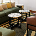 Marble coffee tables in a hotel lobby