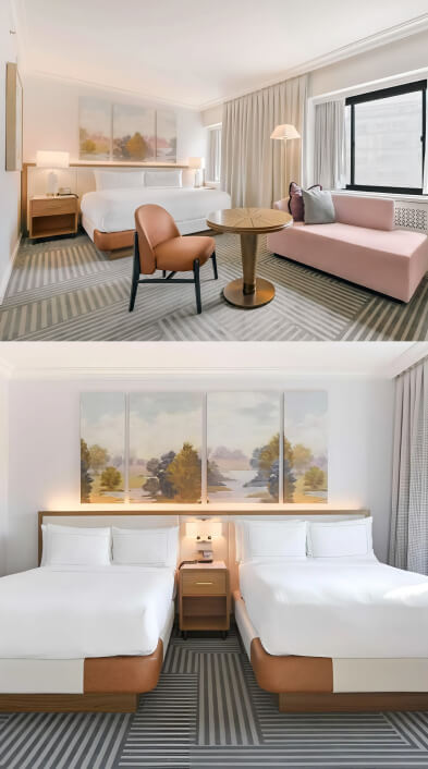 A hotel room showing bed, sofa, side table, pink sofa and leather chair in a bright sunlit room