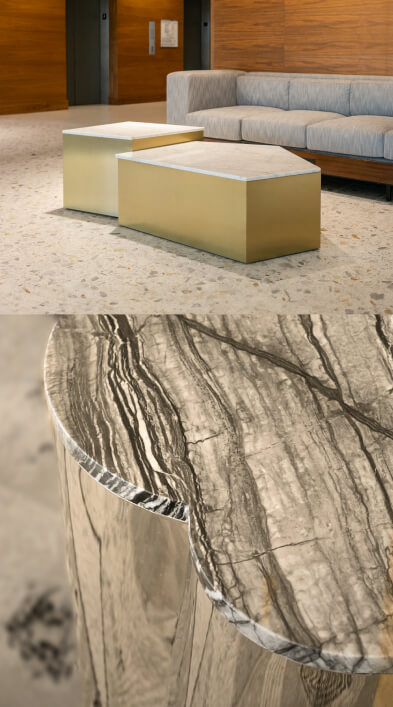 A brass and marble coffee table in the wood paneled lobby of the Hyatt Regency Los Angeles, and a close up detail